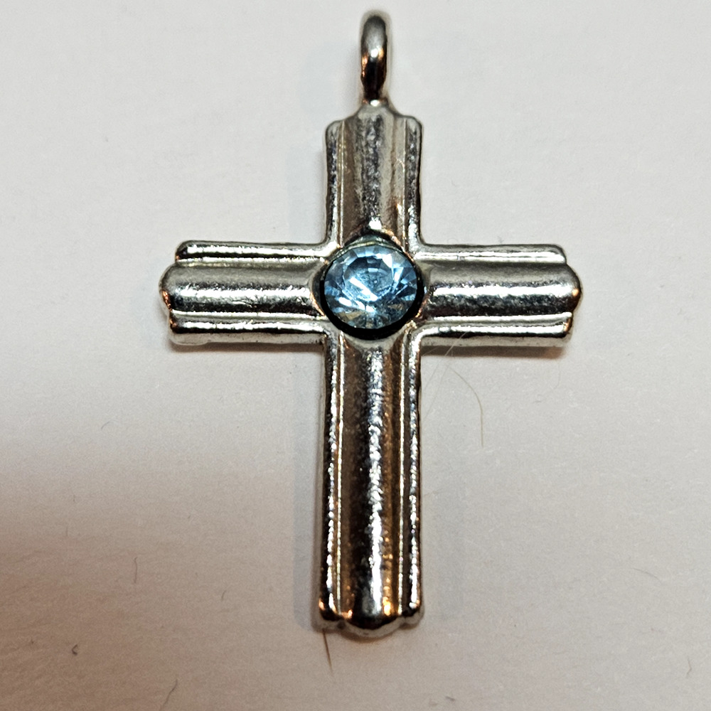 Jim Morris Sterling Silver Hand Hammered Cross Pendant Blue Crystal Stone MINT